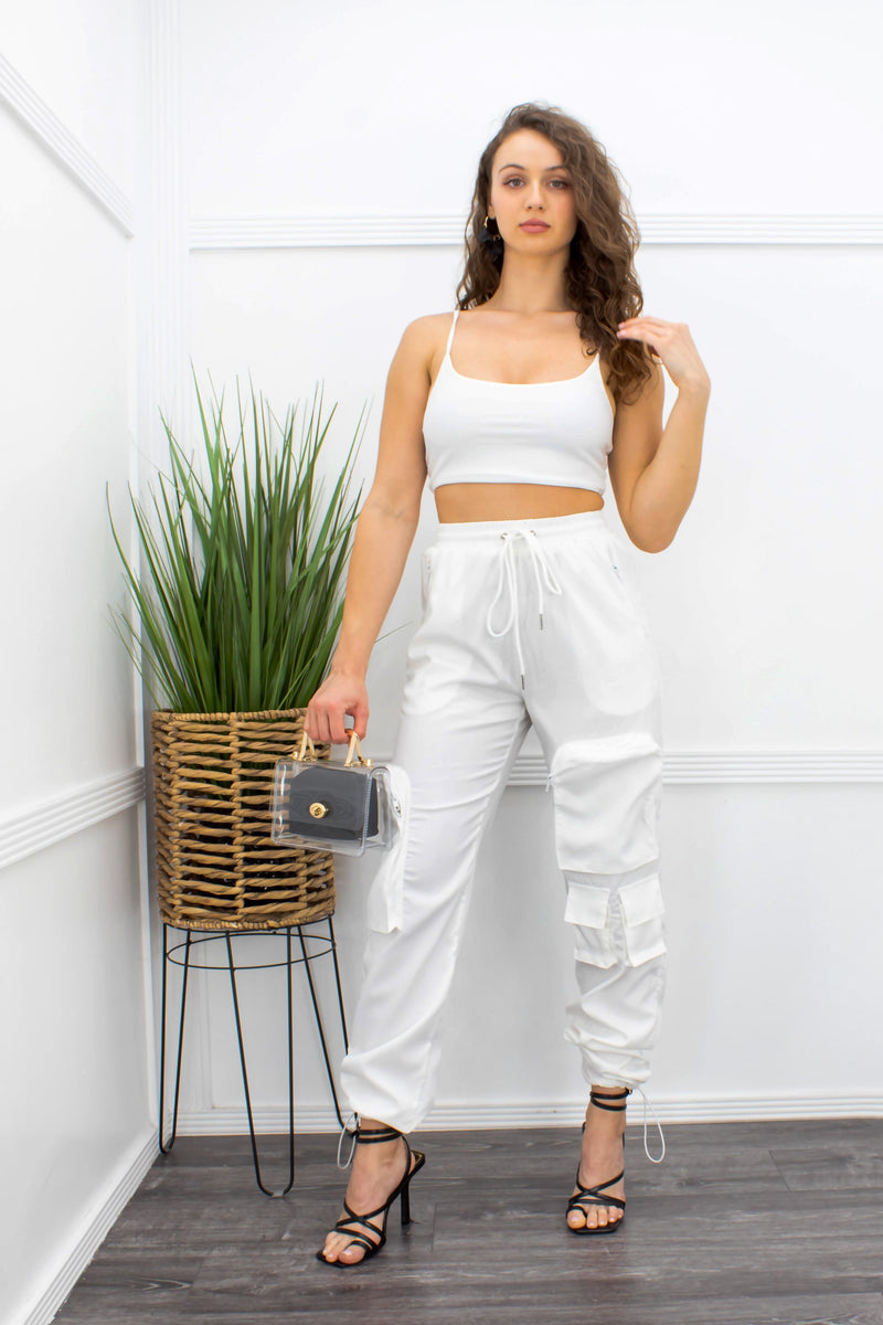 White Crop Top With Design Pocket Pant Set-Set-Moda Fina Boutique