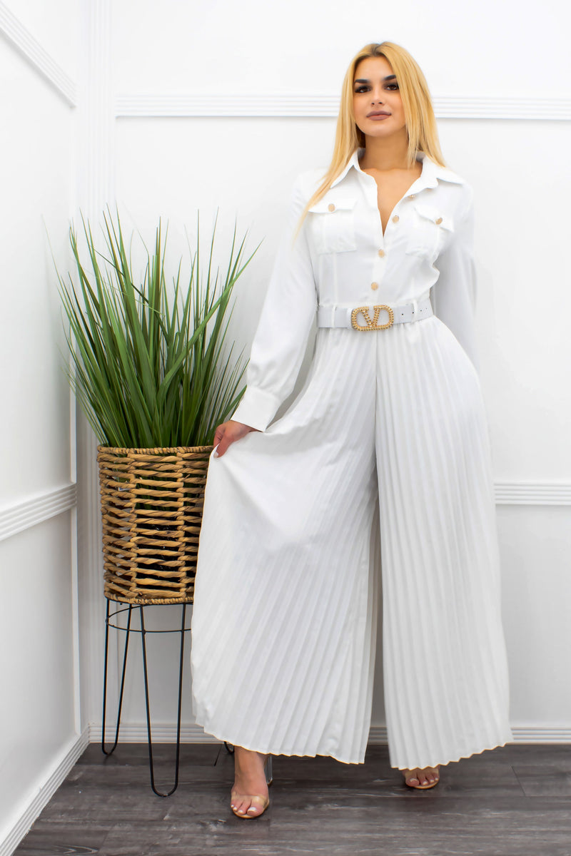 White Long Sleeve Belted Jumpsuit-Jumpsuit-Moda Fina Boutique