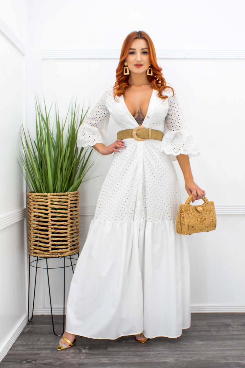 White Ruffled Sleeve Belted Maxi Dress-Maxi Dress-Moda Fina Boutique