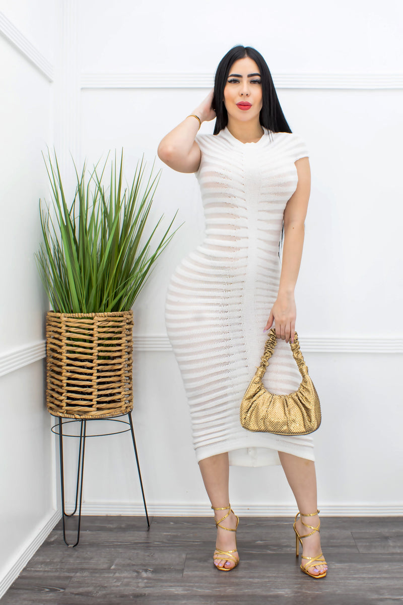 White Short Sleeve Mash Midi Dress-Midi Dress-Moda Fina Boutique