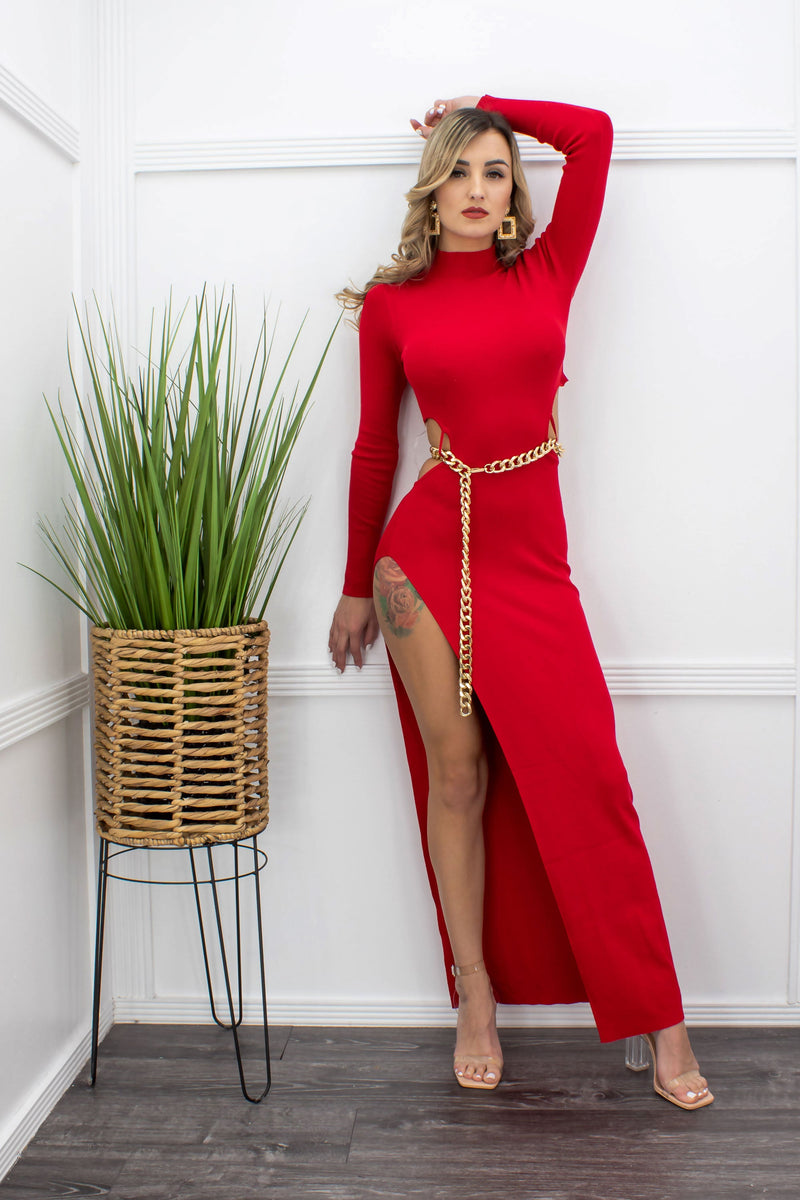 Alice Red Long Sleeve Slit Maxi Dress-Maxi Dress-Moda Fina Boutique