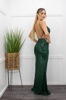 Backless Sequin Slit Green Maxi Dress-Maxi Dress-Moda Fina Boutique