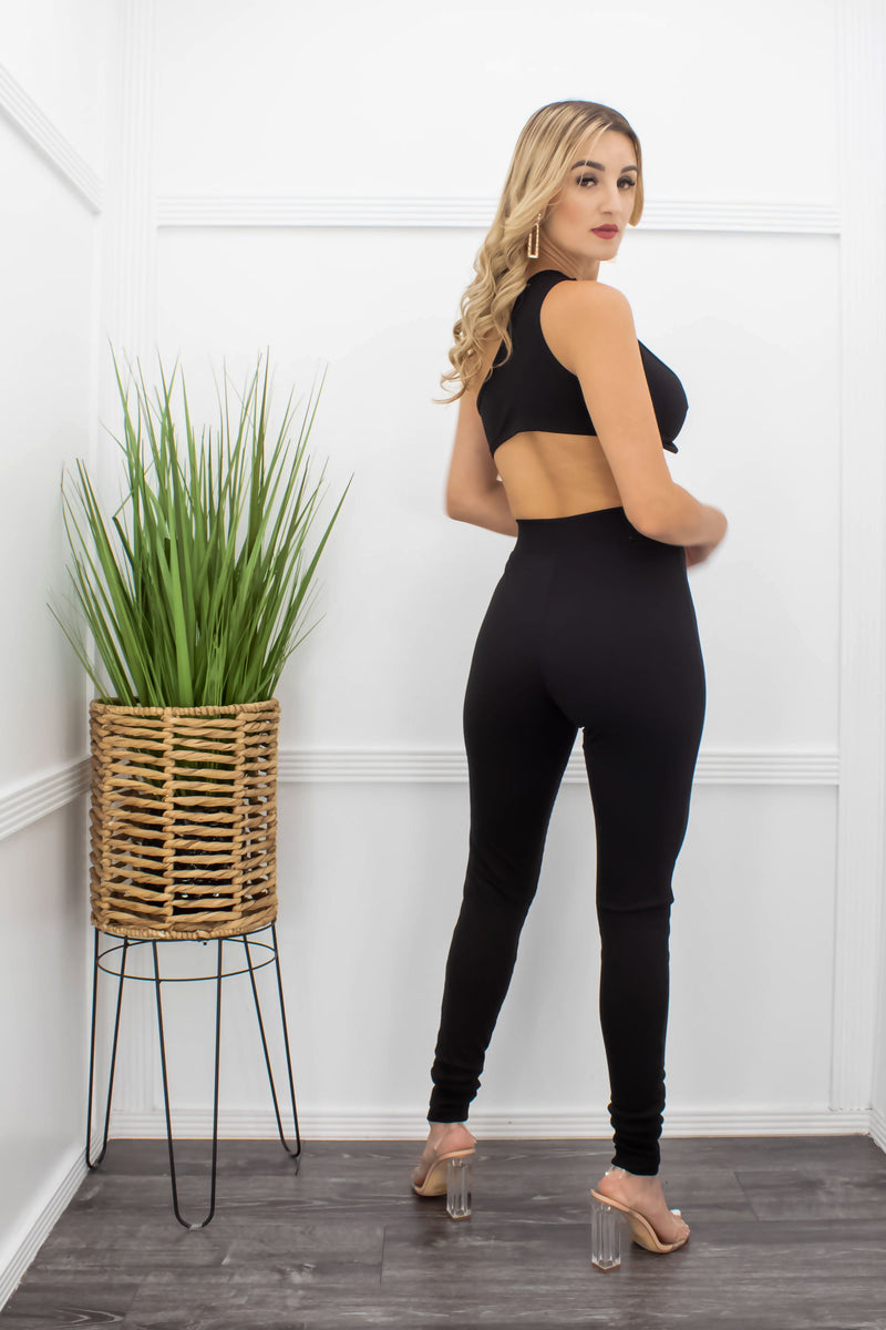 Black One Shoulder Bodycon Crop Top Pant Set-Set-Moda Fina Boutique