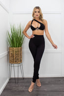 Black One Shoulder Bodycon Crop Top Pant Set-Set-Moda Fina Boutique