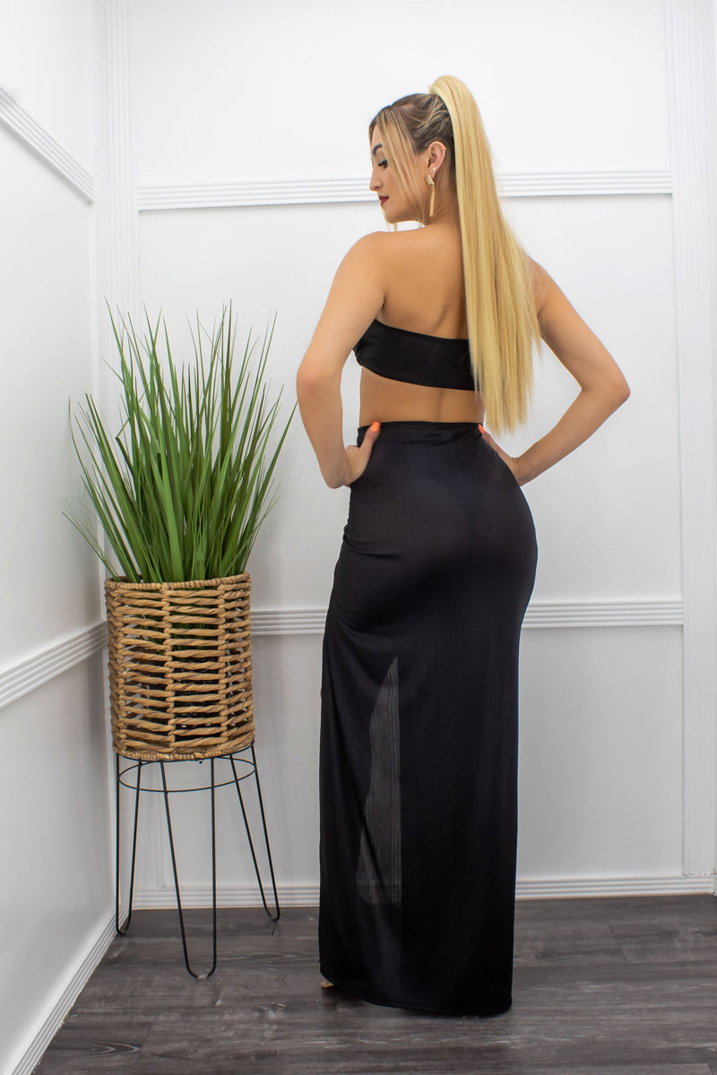 Black Three Piece Bra Maxi Skirt Set-Set-Moda Fina Boutique