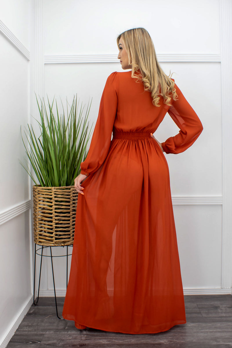 Chiffon Long Sleeve Body Slit Maxi Dress-Maxi Dress-Moda Fina Boutique