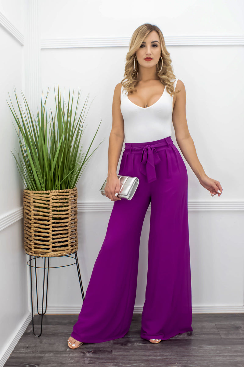 Chiffon Purple Flared Leg Design Pants-Bottom-Moda Fina Boutique