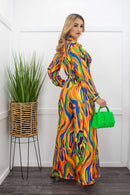 Deep V Long Sleeve Print Jumpsuit-Jumpsuit-Moda Fina Boutique