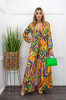 Deep V Long Sleeve Print Jumpsuit-Jumpsuit-Moda Fina Boutique