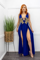 Deep V Sleeveless Slit Blue Maxi Dress-Maxi Dress-Moda Fina Boutique