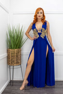 Deep V Sleeveless Slit Blue Maxi Dress-Maxi Dress-Moda Fina Boutique