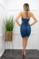 Denim Front Cut Strapy Mini Dress-Mini Dress-Moda Fina Boutique