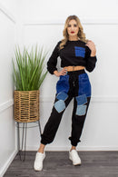 Denim Long Sleeve Top With Matching Pant Set Black-Set-Moda Fina Boutique