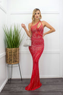 Embellished One Shoulder Red Maxi Dress-Maxi Dress-Moda Fina Boutique