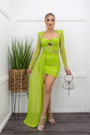 Embellished Rhinestone Green Mini Dress-Mini Dress-Moda Fina Boutique