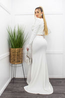 Embellished Rhinestone W Fringe Blazer White Maxi Dress-Maxi Dress-Moda Fina Boutique