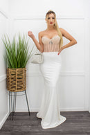 Embellished Rhinestone W Fringe Blazer White Maxi Dress-Maxi Dress-Moda Fina Boutique