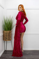 Embellished Sequin Long Sleeve Red Mini Dress-Mini Dress-Moda Fina Boutique