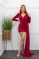 Embellished Sequin Long Sleeve Red Mini Dress-Mini Dress-Moda Fina Boutique