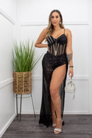 Embellished Sequin Slit Black Maxi Dress-Maxi Dress-Moda Fina Boutique