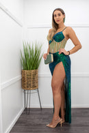 Embellished Sequin Slit Green Maxi Dress-Maxi Dress-Moda Fina Boutique