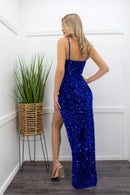 Embellished Sequins Slit Blue Maxi Dress-Maxi Dress-Moda Fina Boutique