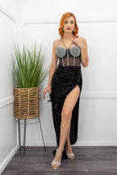 Embellished Sleeveless Slit Black Maxi Dress-Maxi Dress-Moda Fina Boutique