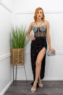 Embellished Sleeveless Slit Black Maxi Dress-Maxi Dress-Moda Fina Boutique