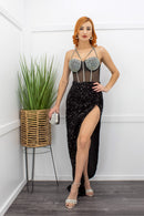 Embellished Sleeveless Slit Black Maxi Dress-Maxi Dress-Moda Fina Boutique