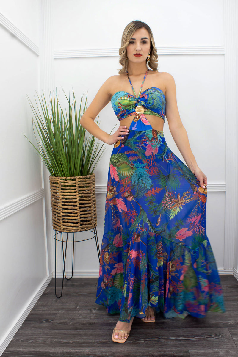 Floral Front Cut With Bodysuit Maxi Dress-Maxi Dress-Moda Fina Boutique