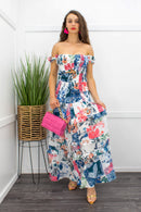 Floral Ruffle Crop Top Maxi Skirt Set Blue-Set-Moda Fina Boutique