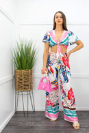 Floral Satin Ruffle Tie Front Crop Top Pant Set-Set-Moda Fina Boutique