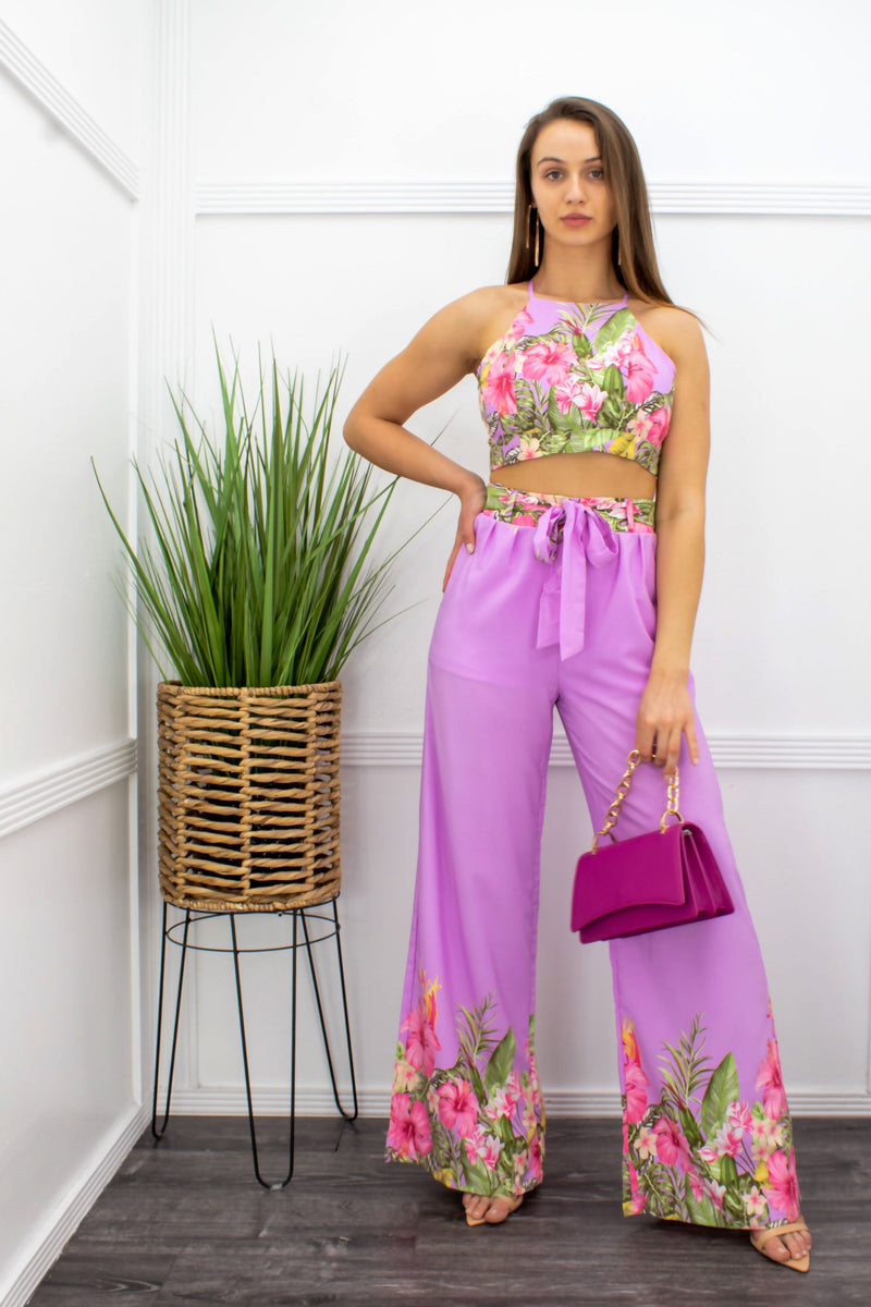 Floral Tie Back Crop Top Pant Set-Set-Moda Fina Boutique