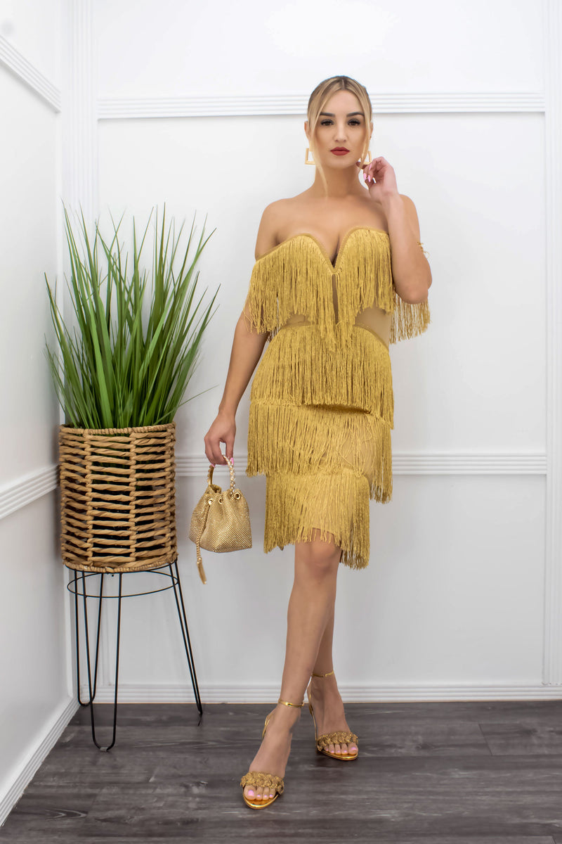 Fringe Off Shoulder Gold Mini Dress-Mini Dress-Moda Fina Boutique