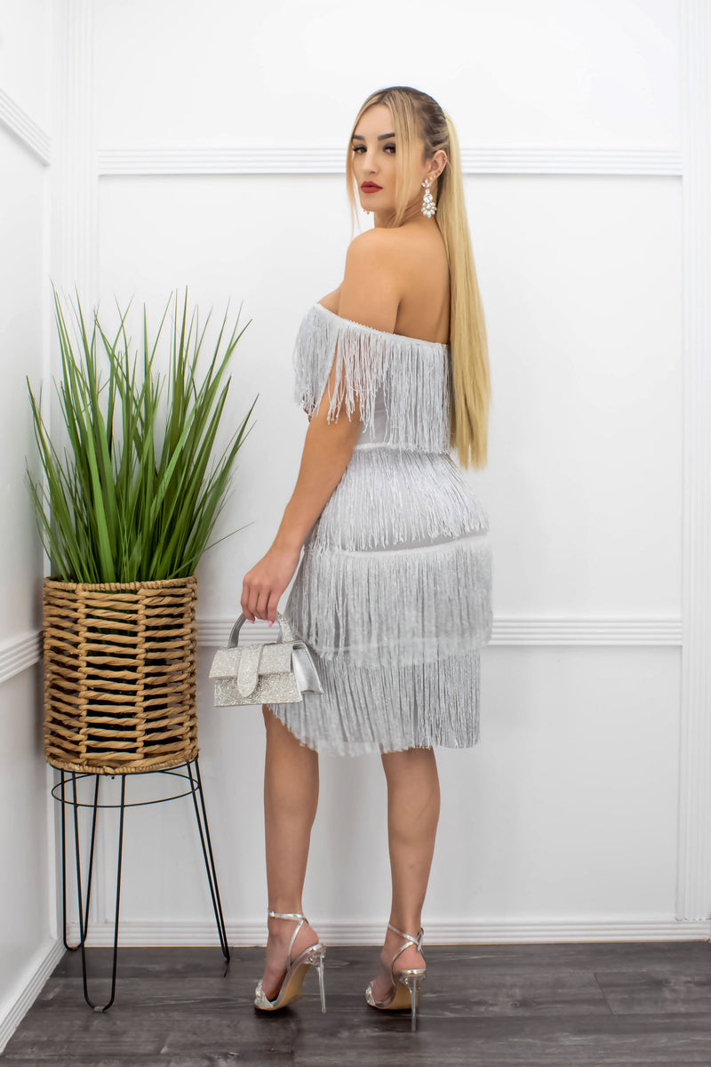 Fringe Off Shoulder Sliver Mini Dress-Mini Dress-Moda Fina Boutique