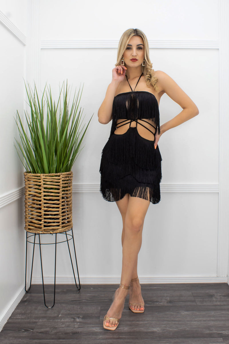 Fringe Sleeveless Black Mini Dress-Mini Dress-Moda Fina Boutique