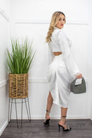Fringe Trim White Crop Top Slit Maxi Skirt Set-Set-Moda Fina Boutique