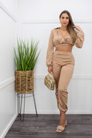 Gold Satin Long Sleeve Crop Top Pant Set-Set-Moda Fina Boutique