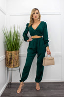 Green Criss cross Crop Top W Matching Pant Set-Set-Moda Fina Boutique