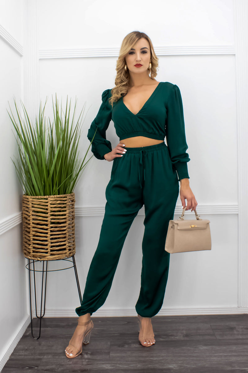 Green Criss cross Crop Top W Matching Pant Set only $69.99