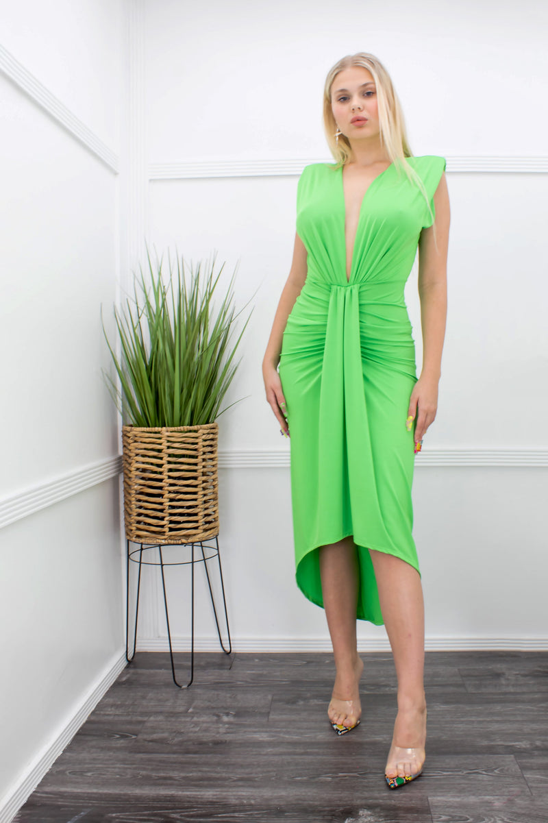 Green Deep V Sleeveless Midi Dress-Midi Dress-Moda Fina Boutique