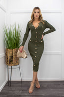Green Long Sleeve Bodycon Midi Dress-Midi Dress-Moda Fina Boutique