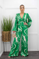 Green Long Sleeve Satin Belted Jumpsuit-Jumpsuit-Moda Fina Boutique