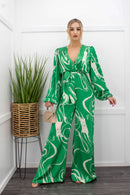 Green Long Sleeve Satin Belted Jumpsuit-Jumpsuit-Moda Fina Boutique