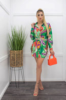 Green Print Long Sleeve Belted Shirt Dress-Mini Dress-Moda Fina Boutique