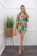 Green Print Long Sleeve Belted Shirt Dress-Mini Dress-Moda Fina Boutique