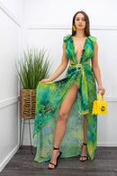 Green Rhinestone Bodysuit Slit Maxi Skirt Set-Set-Moda Fina Boutique