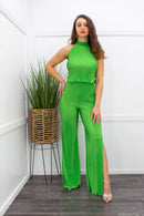Green Tie Back Top Slit Pant Set-Set-Moda Fina Boutique