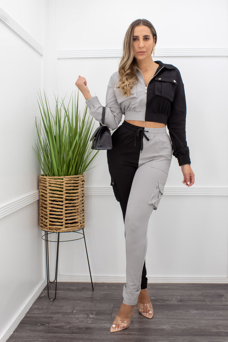 Grey Long Sleeve Crop Top Pant Set-Set-Moda Fina Boutique