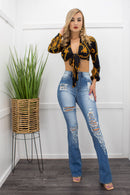 High Waist Ripped Wide Leg Denim-Bottom-Moda Fina Boutique